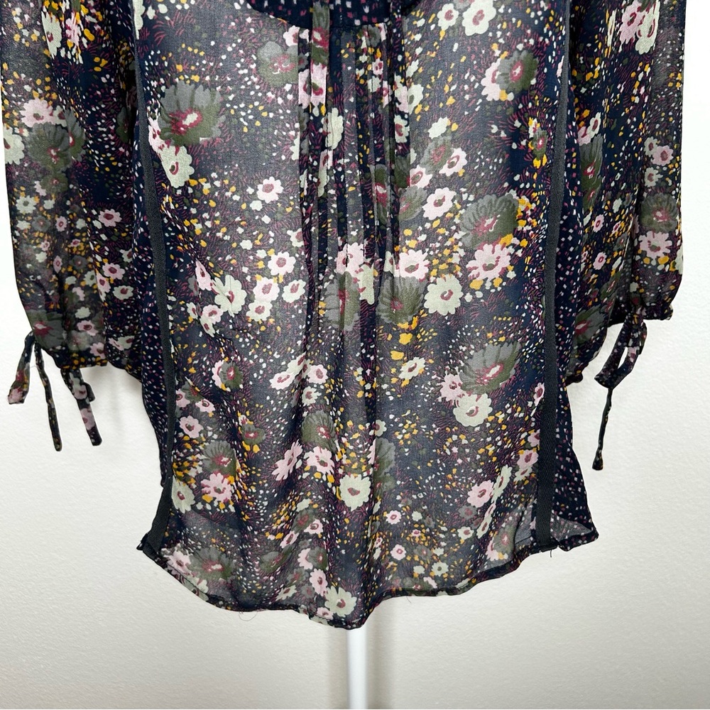 ZARA Womens Navy Blue Floral Chiffon Front Tie Top Balloon Sleeve Size XS/ S - Picture 5 of 10